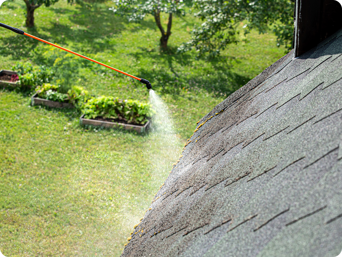 Spraying water on a shingle roof.